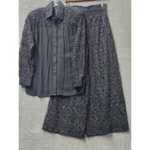 Vintage Y2K FAITH Black Lace Button Up Shirt & Wide Leg Pant Set Beaded Goth Sm.